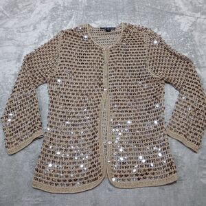 Babette Ballinger Cardigan Sweater Neutral Beige Sequins Open Knit‎ Fairy Sz S